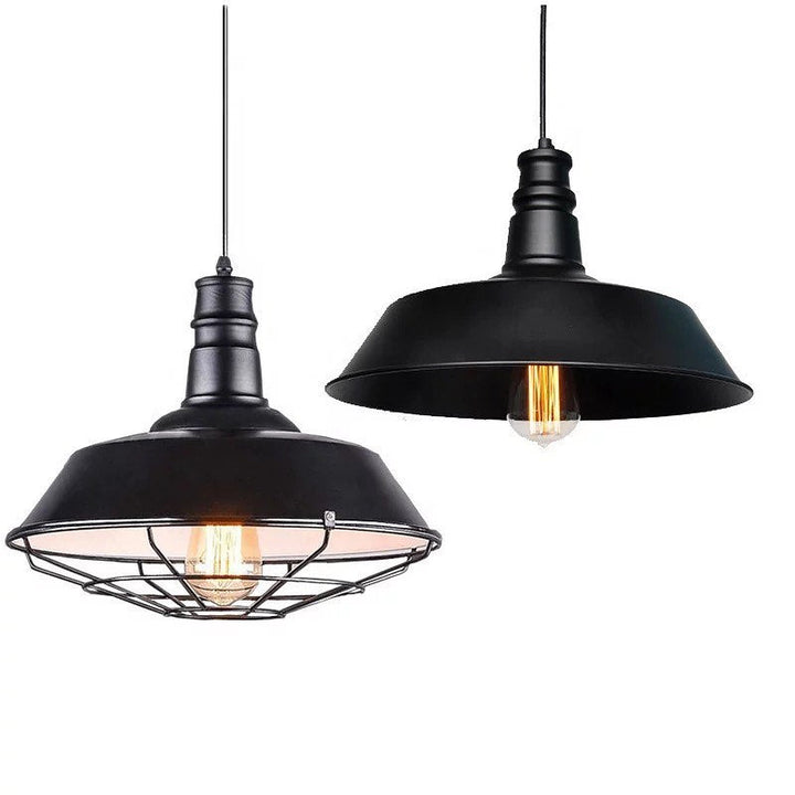 Industrial Pendant Light with Black Dome and Wire Cage