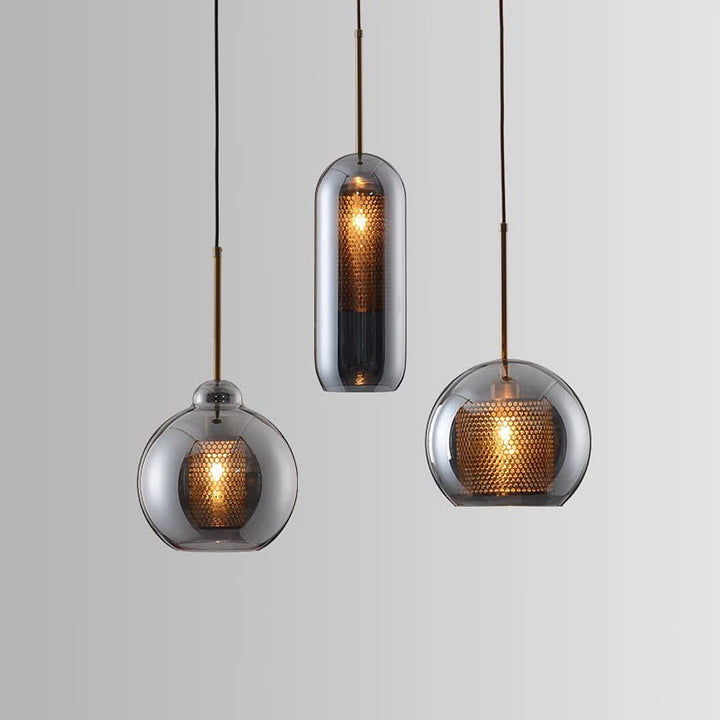 Modern Pendant Lights with Smoked Glass and Mesh Interior