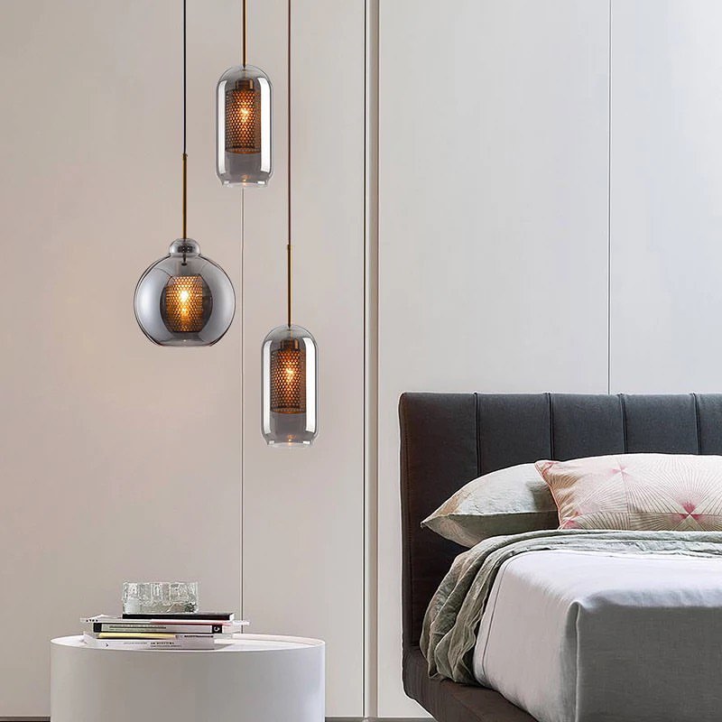 Modern Pendant Lights with Smoked Glass and Mesh Interior