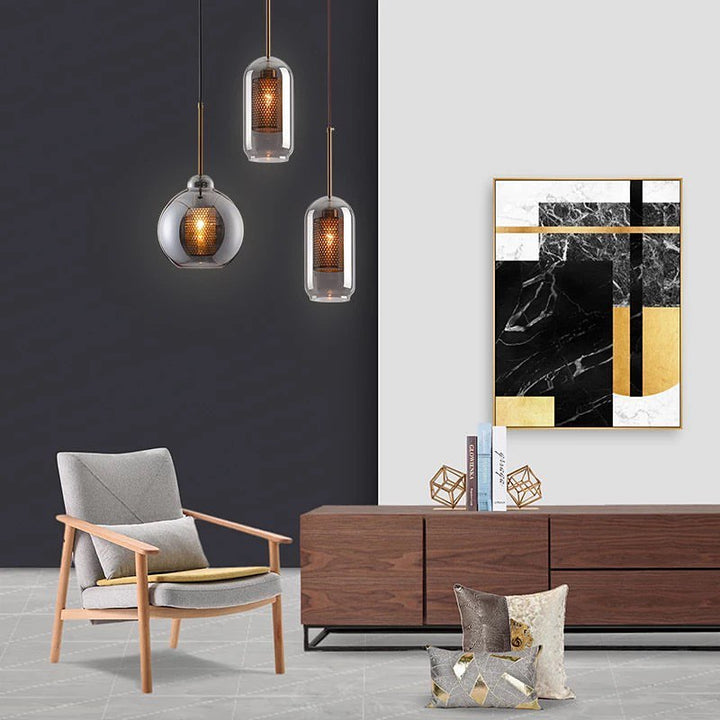 Modern Pendant Lights with Smoked Glass and Mesh Interior