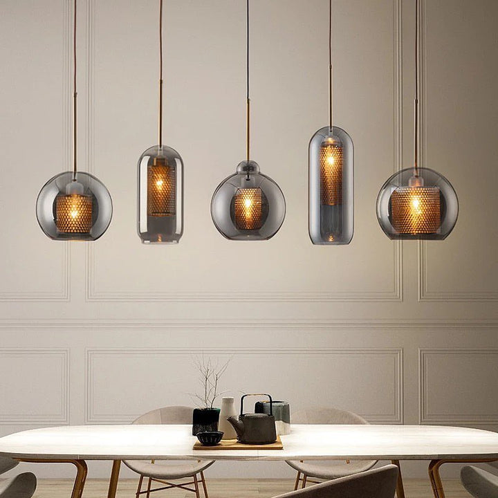 Modern Pendant Lights with Smoked Glass and Mesh Interior