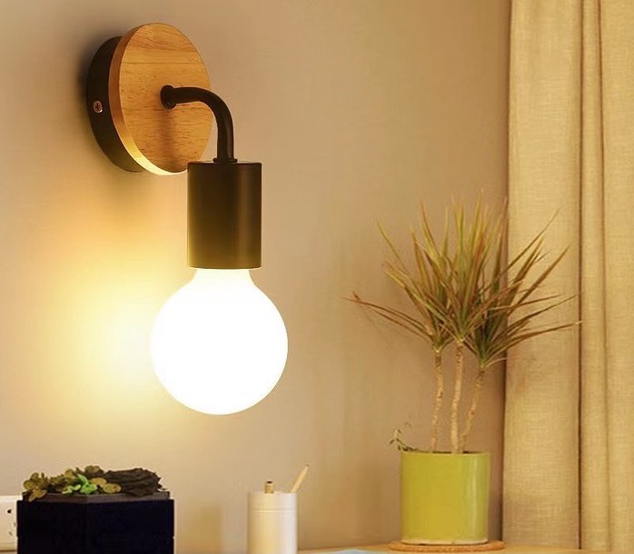 Modern Wall Light with Wooden Backplate