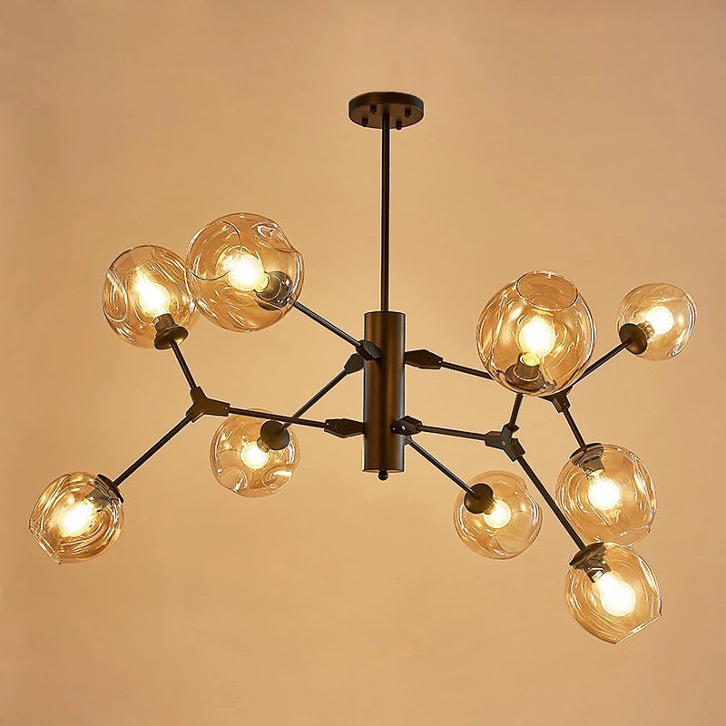 Modern Chandelier with Amber Glass Globes and Black Finish