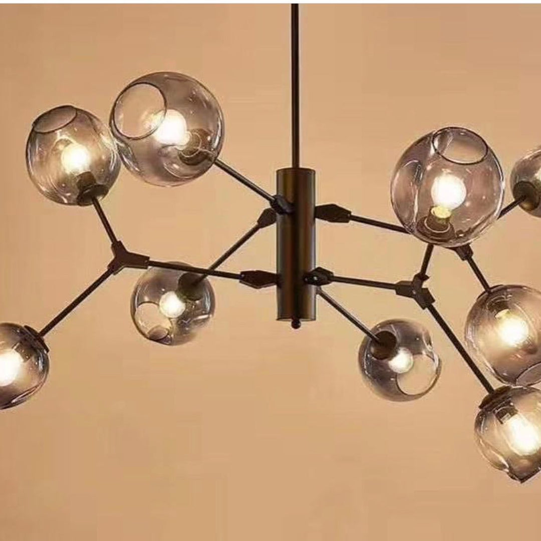 Modern Chandelier with Amber Glass Globes and Black Finish