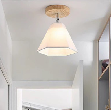 Scandinavian Ceiling Light with Wooden Base and Fabric Shade