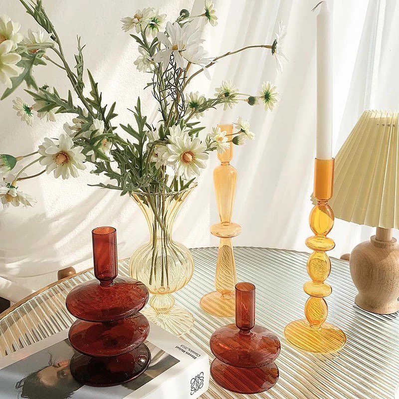 Amber Glass Candle Holders - Modern Decorative Set of 6