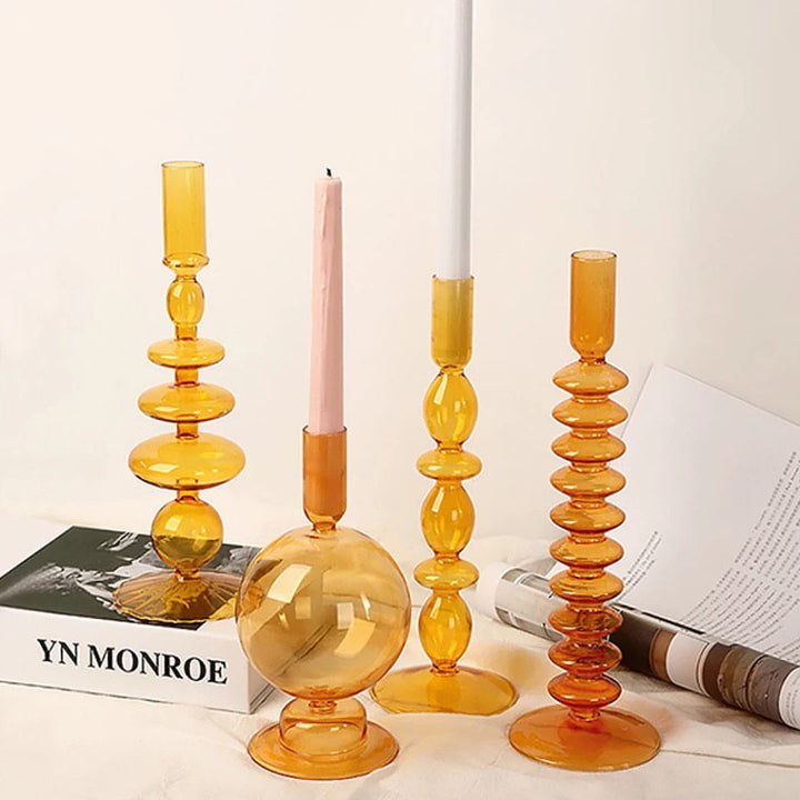 Amber Glass Candle Holders - Modern Decorative Set of 6