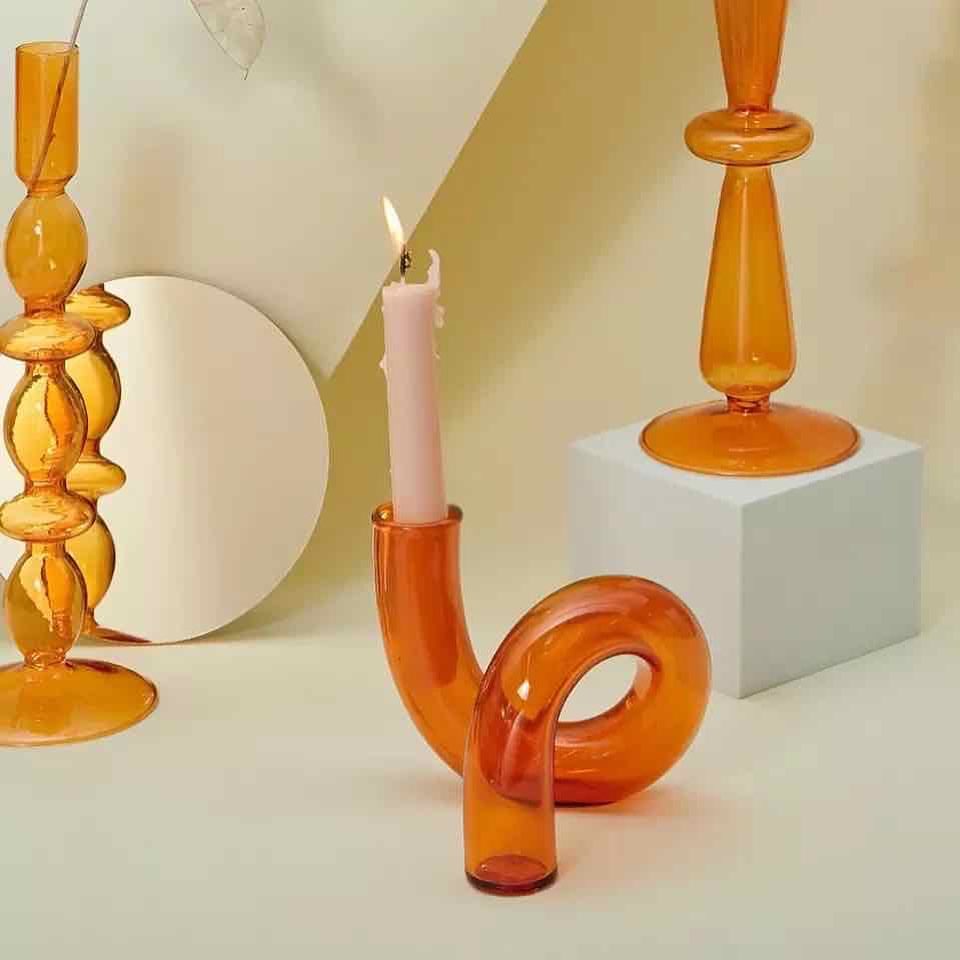 Amber Glass Candle Holders - Modern Decorative Set of 6