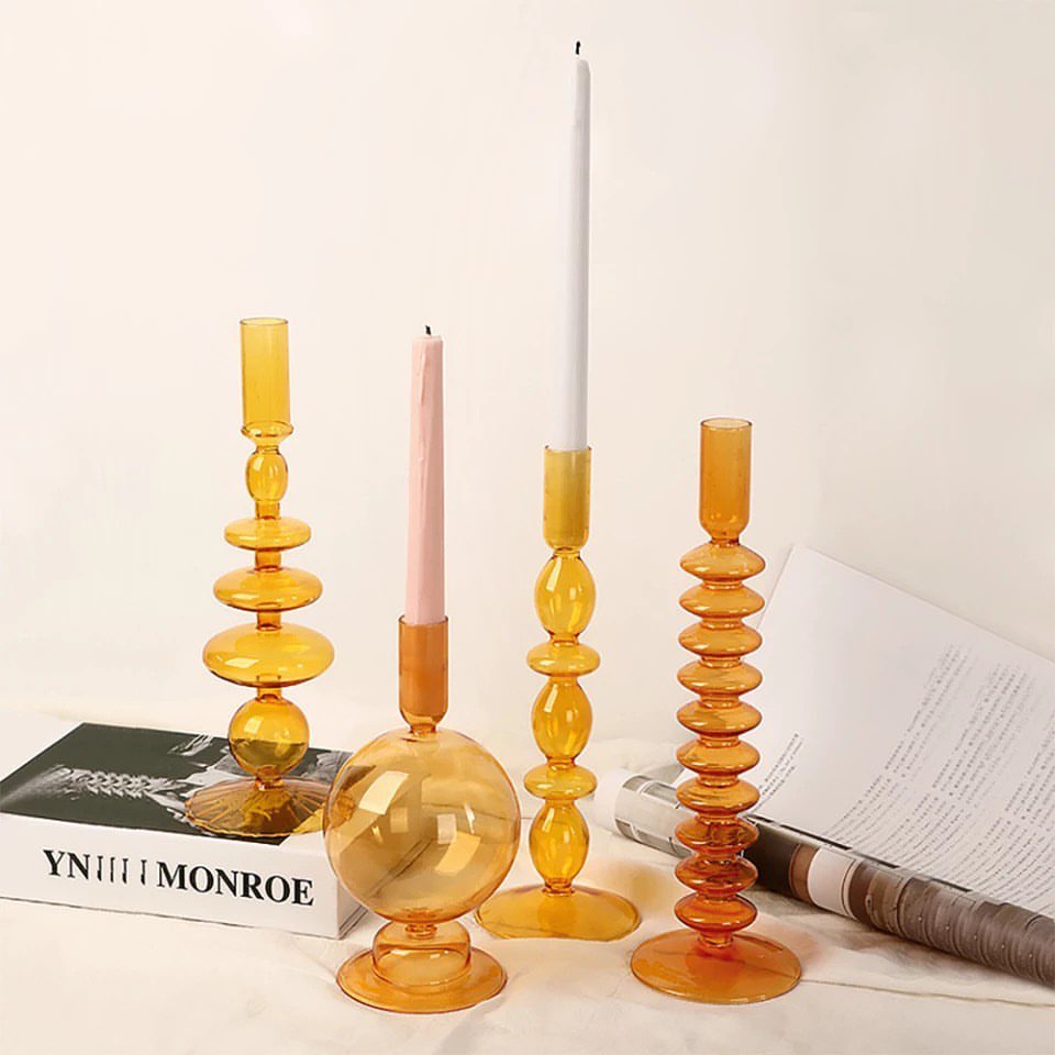 Amber Glass Candle Holders - Modern Decorative Set of 6