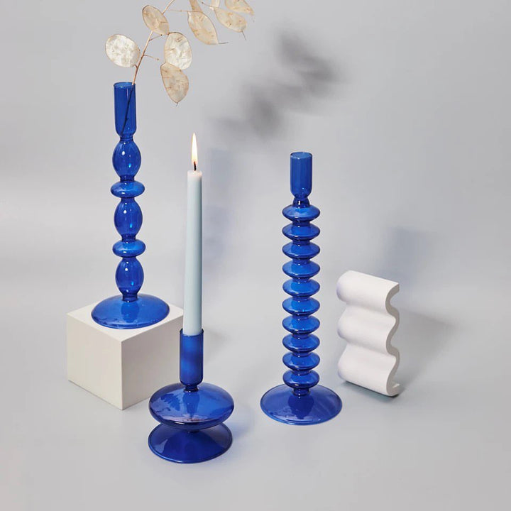 Modern Blue Glass Candle Holders - Set of 6