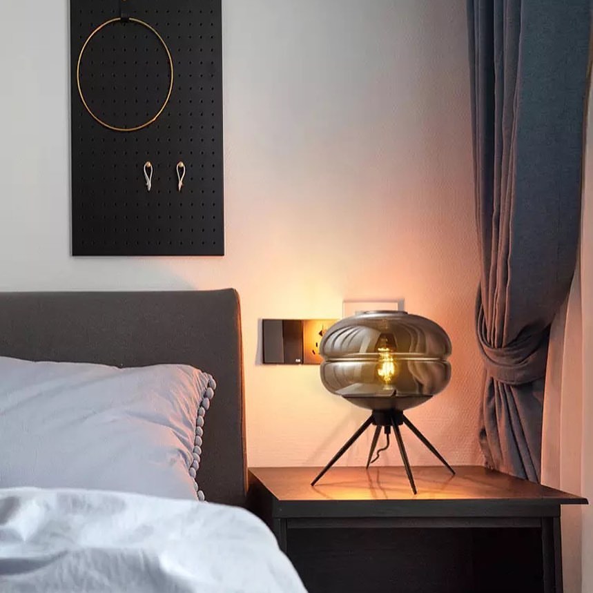 Modern Smoky Glass Table Lamp with Black Tripod Base