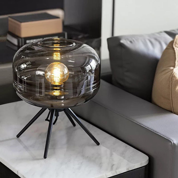 Modern Smoky Glass Table Lamp with Black Tripod Base