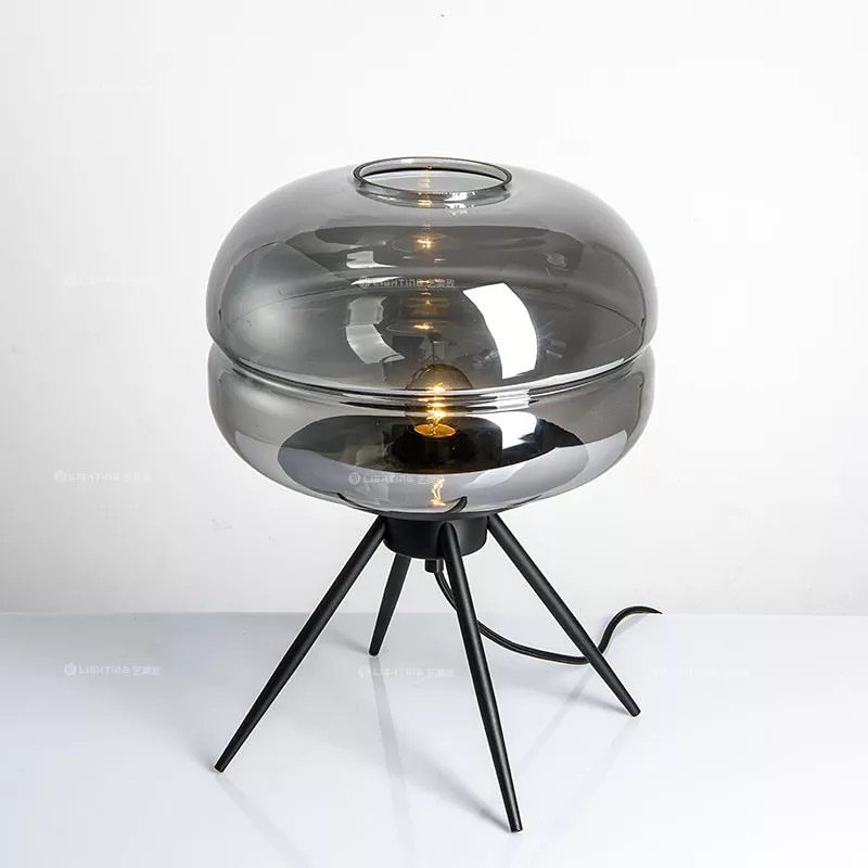 Modern Smoky Glass Table Lamp with Black Tripod Base