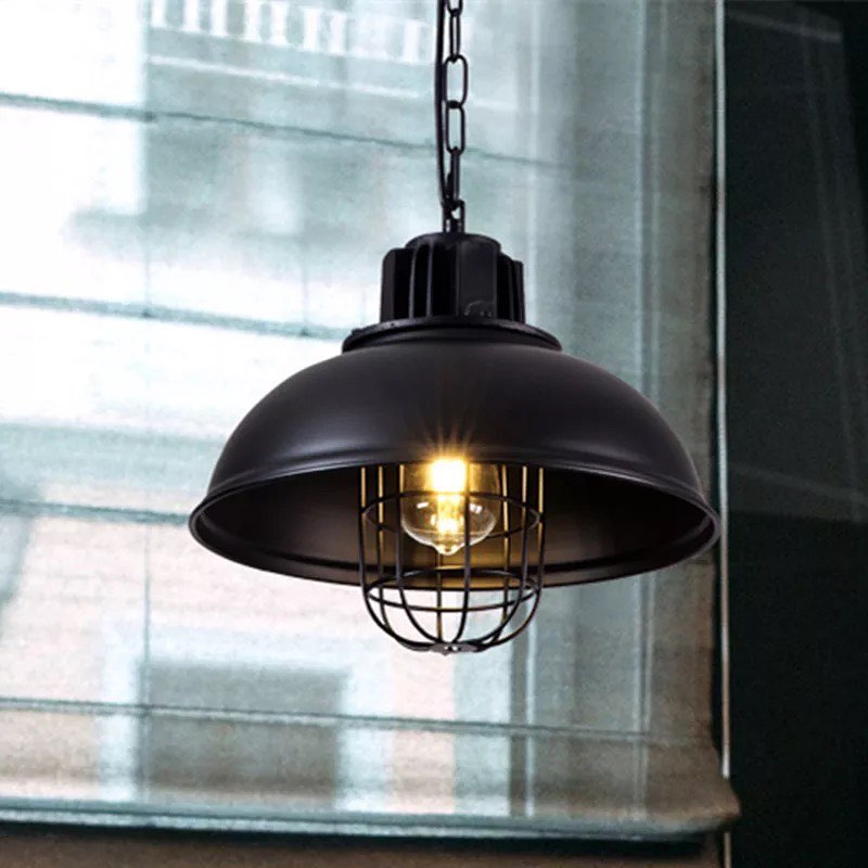 Industrial Pendant Lights with Black Metal Cage Design