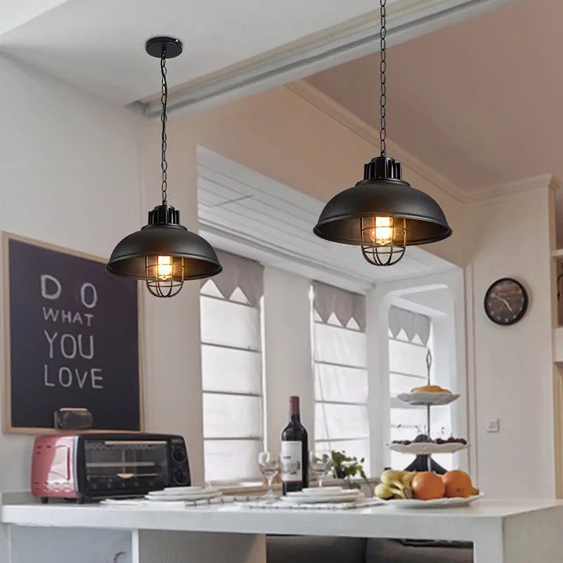 Industrial Pendant Lights with Black Metal Cage Design