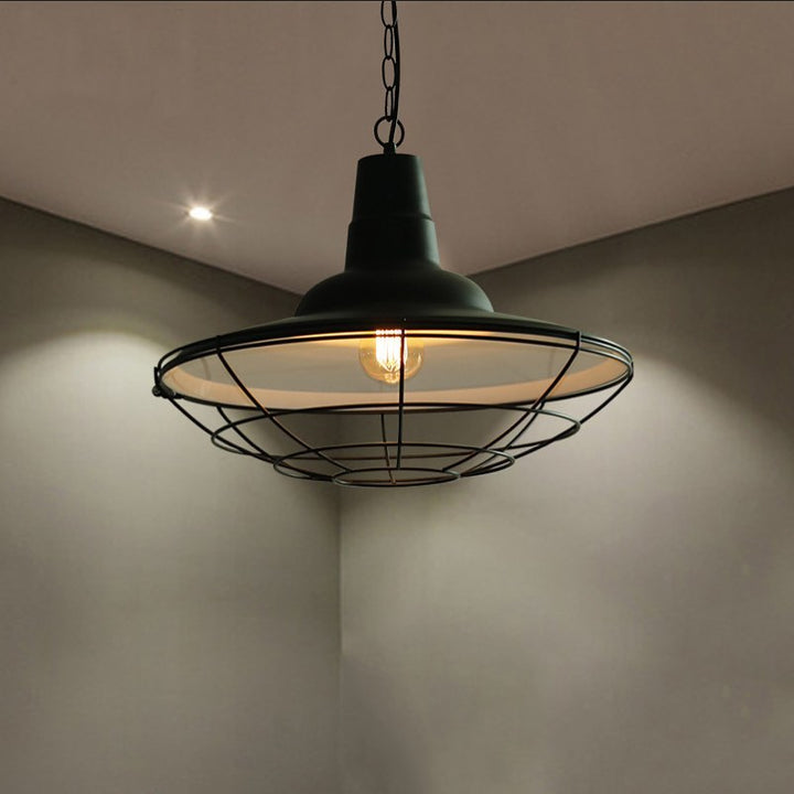 Industrial Pendant Light with Black Metal Cage Shade