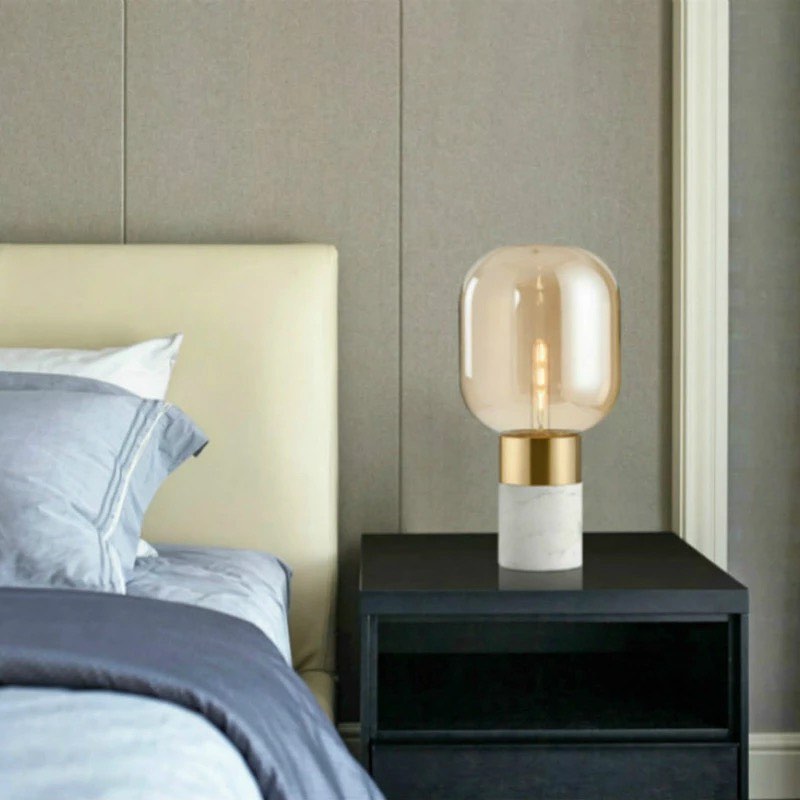 Modern Amber Glass Table Lamp with Gold and Marble Base