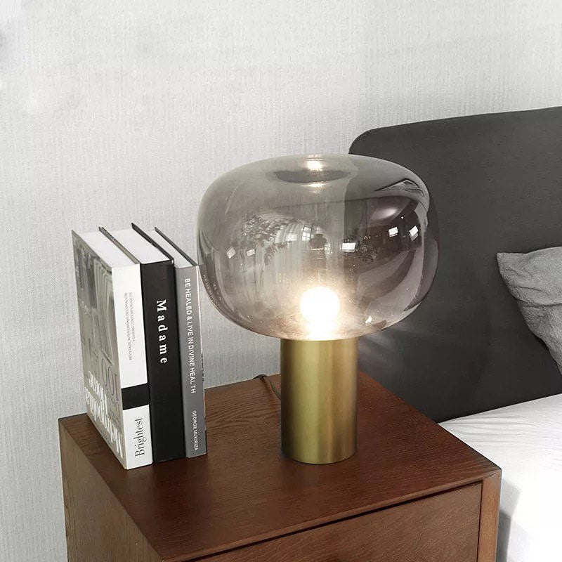 Modern Smoky Glass Table Lamp with Brass Base