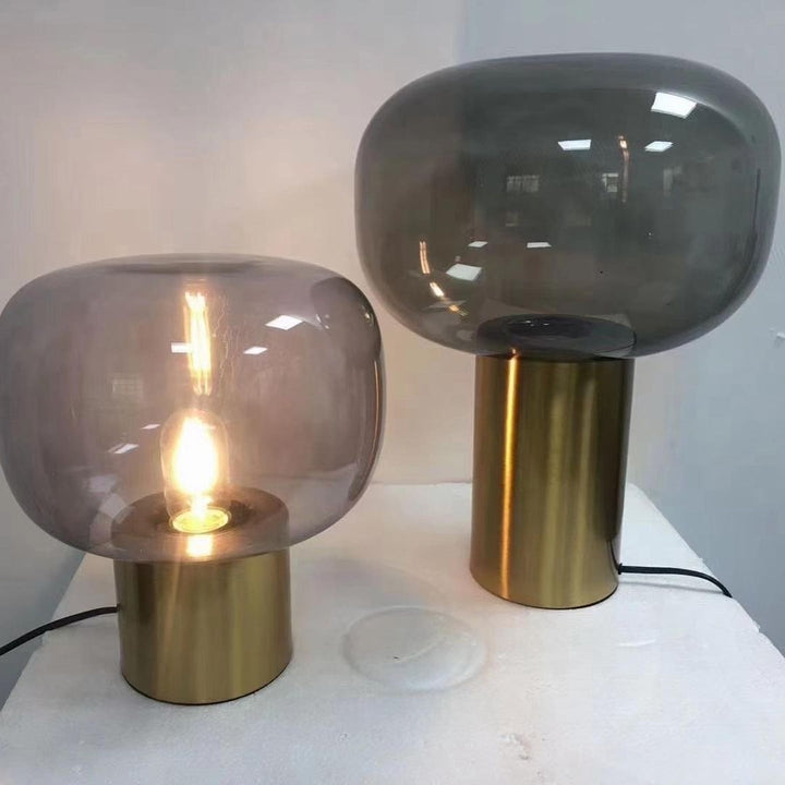 Modern Smoky Glass Table Lamp with Brass Base