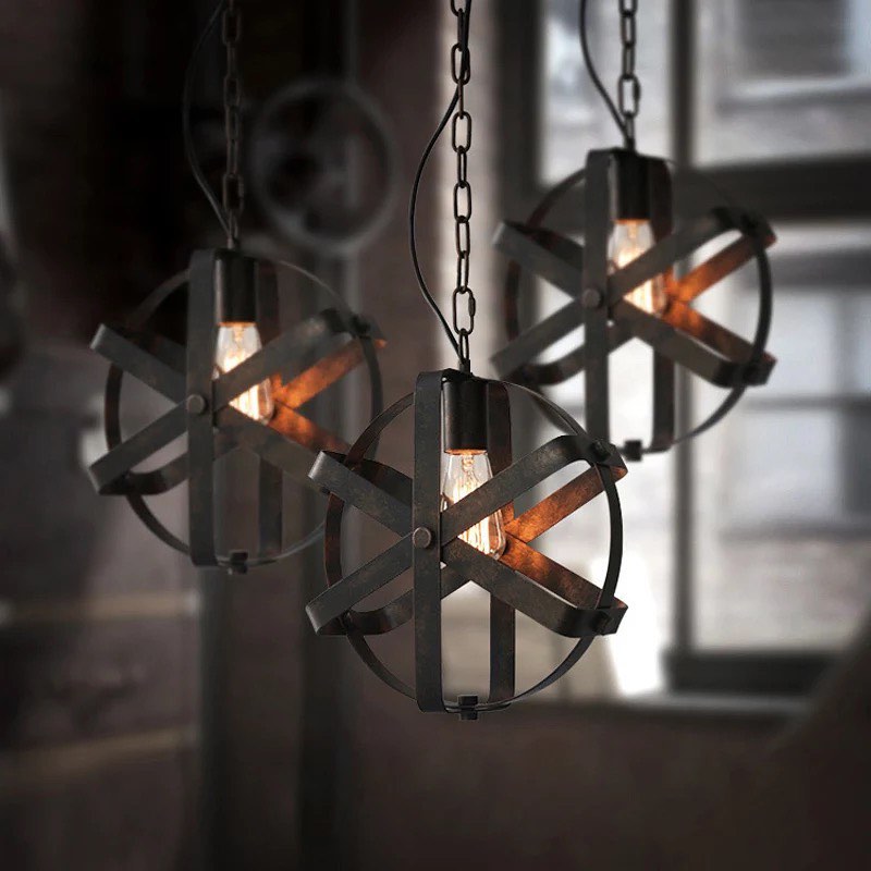 Industrial Pendant Light with Black Metal Orb Design