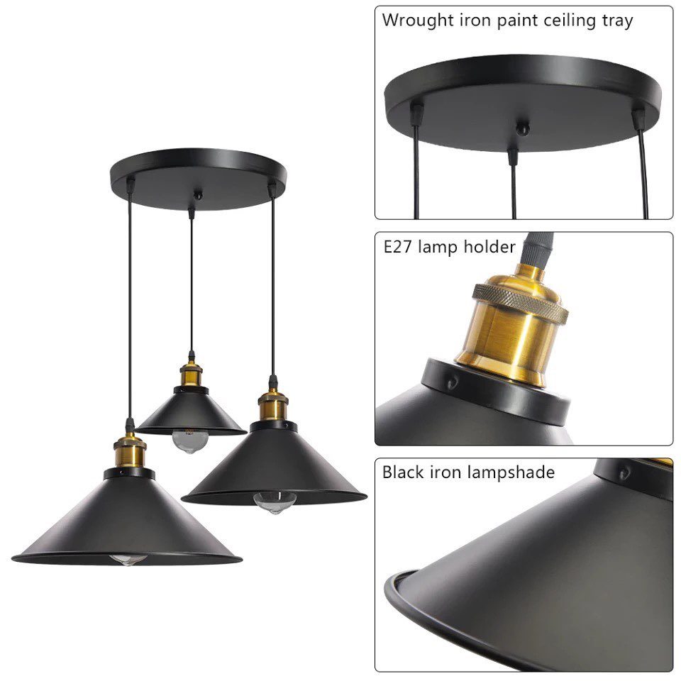 Industrial Pendant Lights with Black Shades and Gold Accents