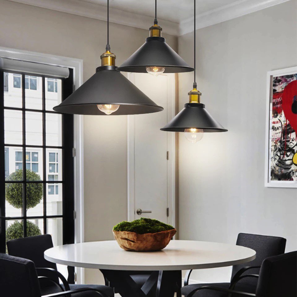 Industrial Pendant Lights with Black Shades and Gold Accents