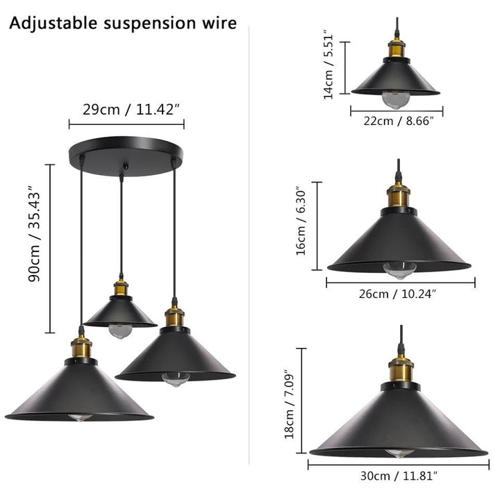 Industrial Pendant Lights with Black Shades and Gold Accents