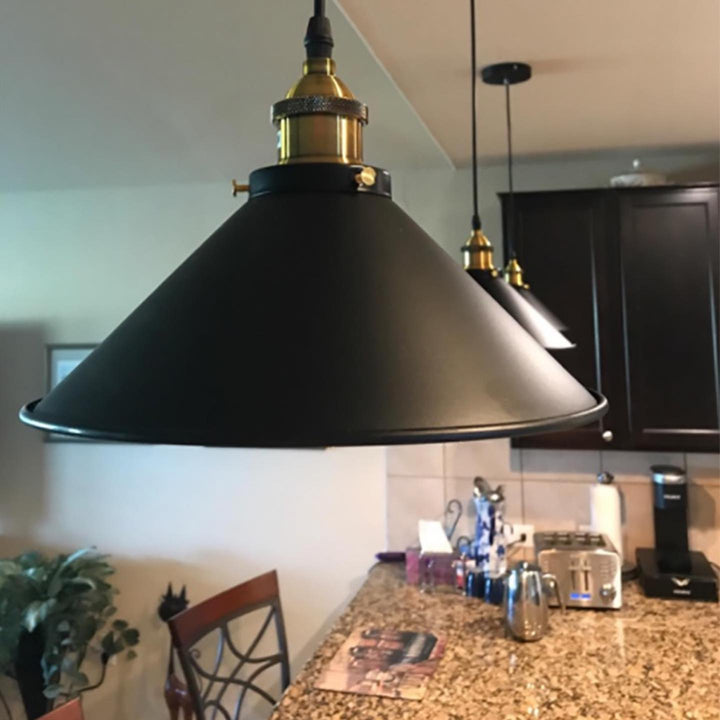 Industrial Pendant Lights with Black Shades and Gold Accents