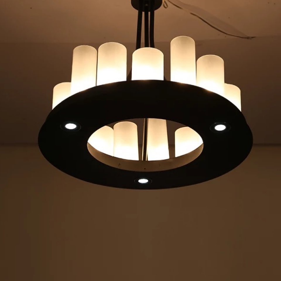 Modern Black Chandelier with Frosted Cylinder Shades