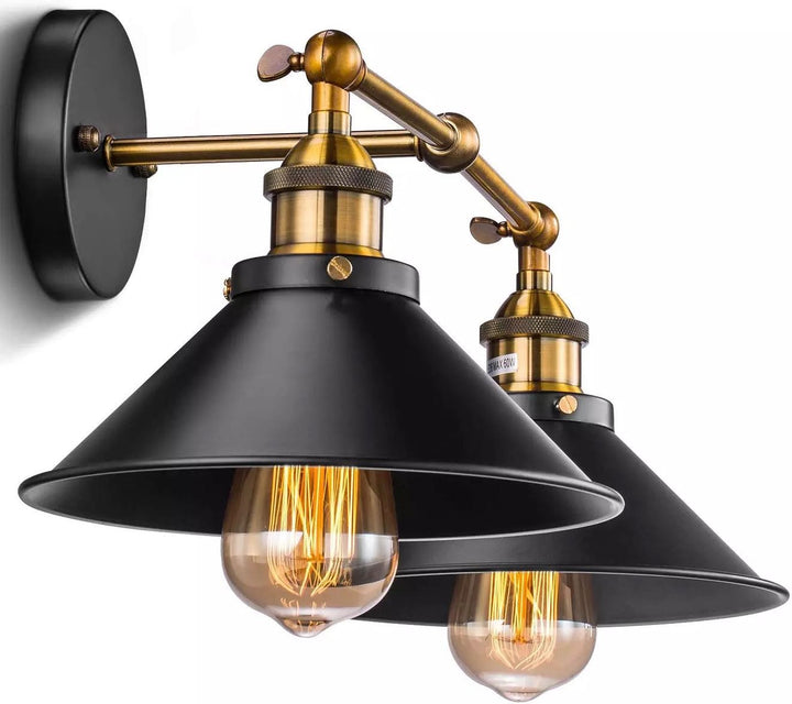 Industrial Wall Light with Dual Black and Brass Shades