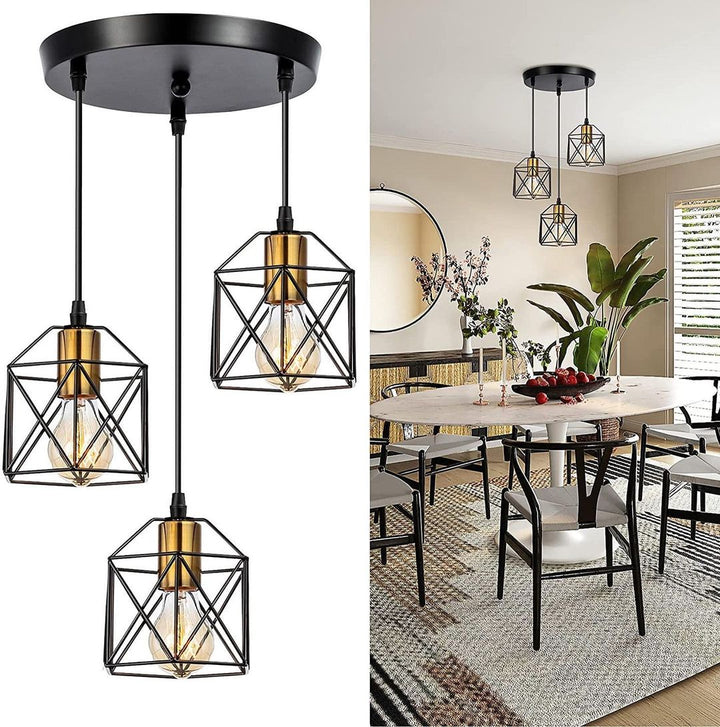 Industrial Geometric Pendant Light with Black and Gold Finish