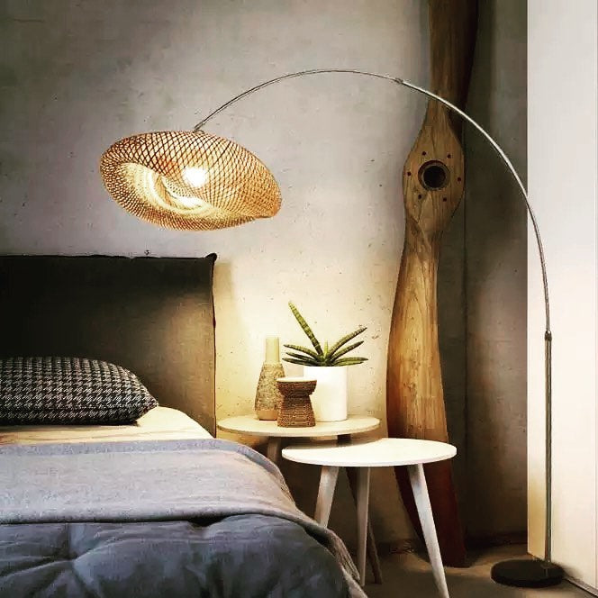 Rustic Floor Lamp with Woven Shade and Curved Base