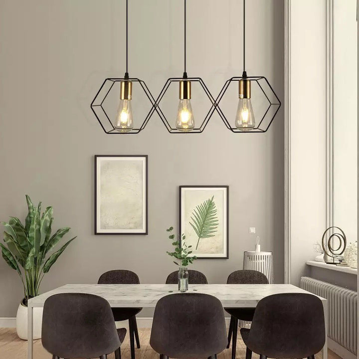 Modern Geometric Pendant Light with Black Wireframe Shades