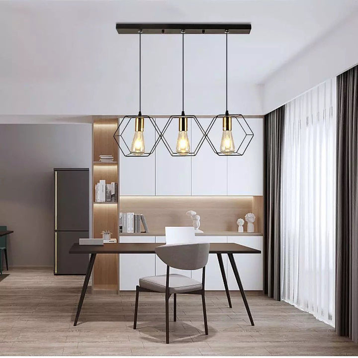 Modern Geometric Pendant Light with Black Wireframe Shades