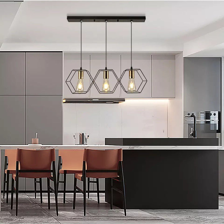 Modern Geometric Pendant Light with Black Wireframe Shades