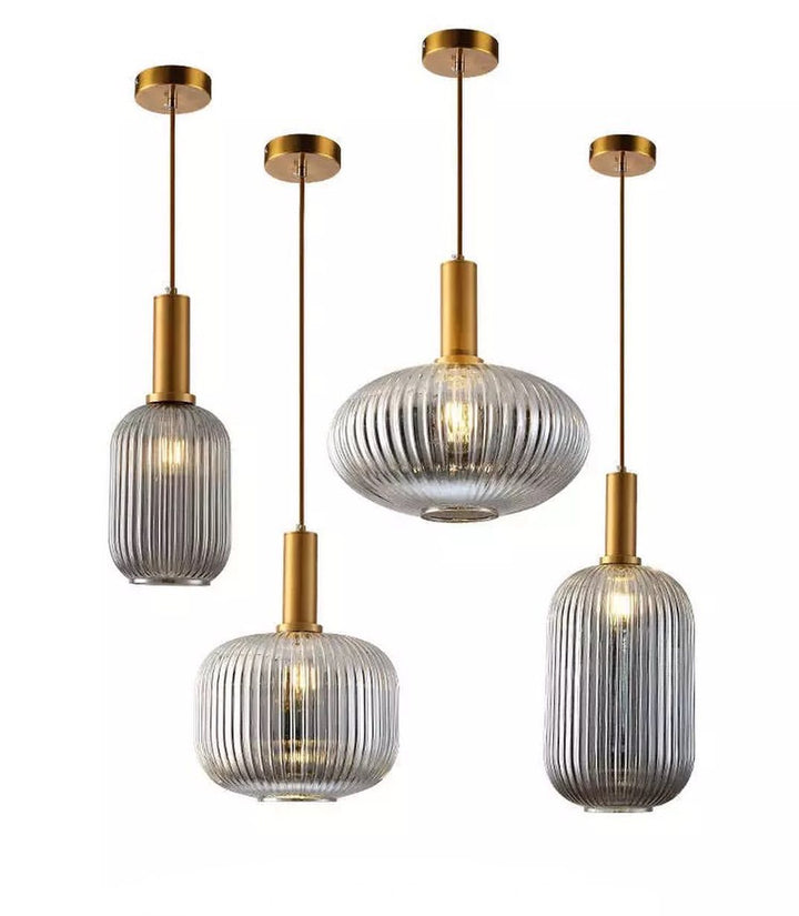 Elegant Ribbed Glass Pendant Light Set with Brass Finish