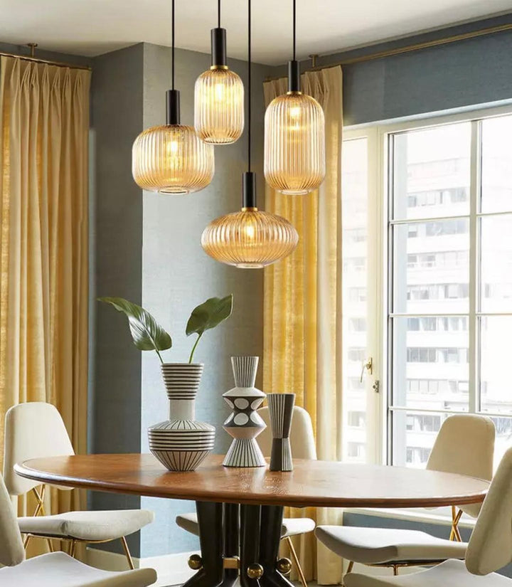 Elegant Ribbed Glass Pendant Light Set with Brass Finish