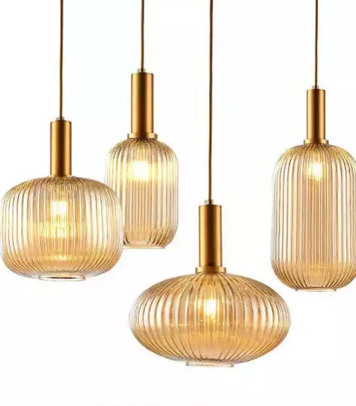 Elegant Ribbed Glass Pendant Light Set with Brass Finish