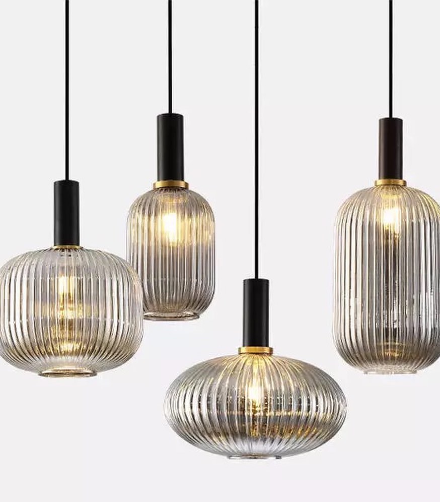 Elegant Ribbed Glass Pendant Light Set with Brass Finish