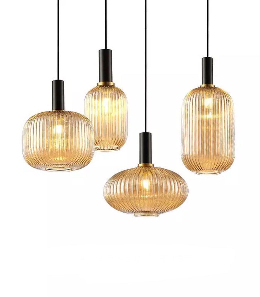 Elegant Ribbed Glass Pendant Light Set with Brass Finish