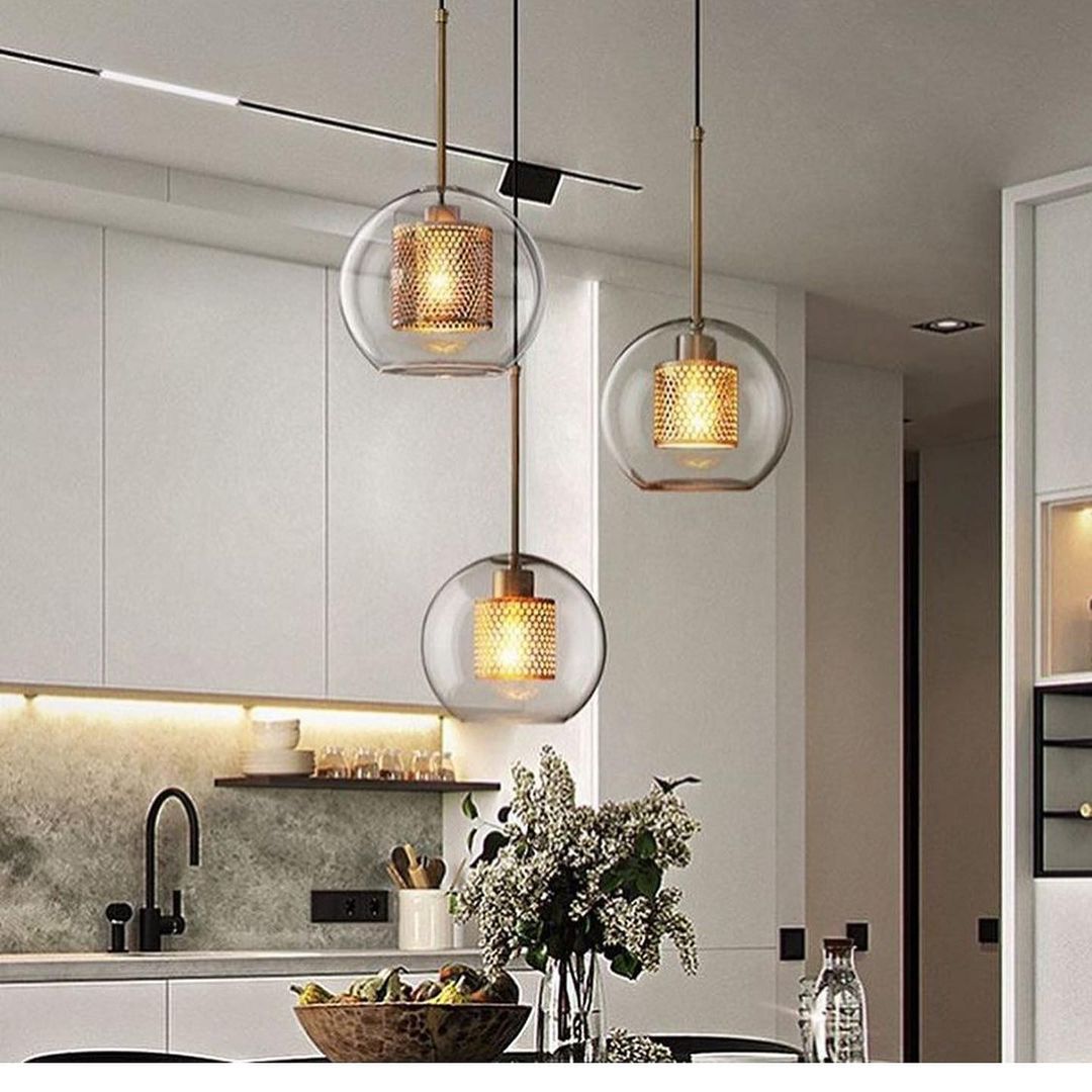 Modern Glass Pendant Light with Mesh Detail for Dining Area or Living Room