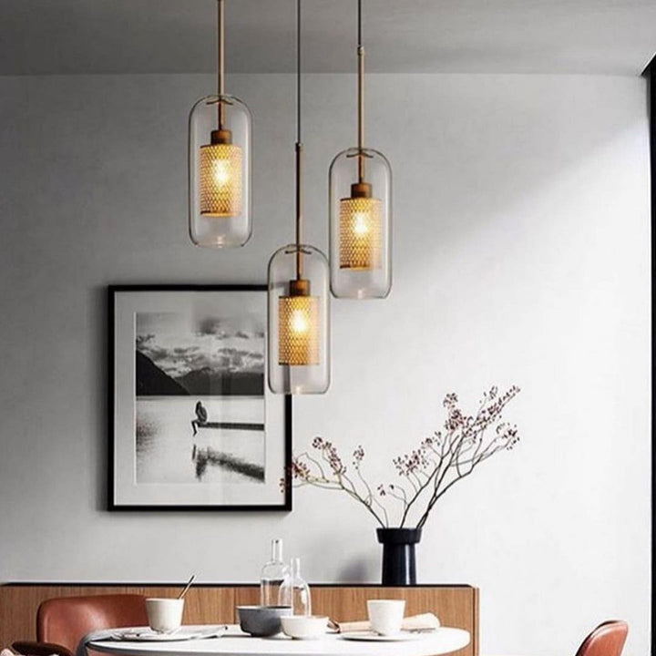 Modern Glass Pendant Light with Mesh Detail for Dining Area or Living Room