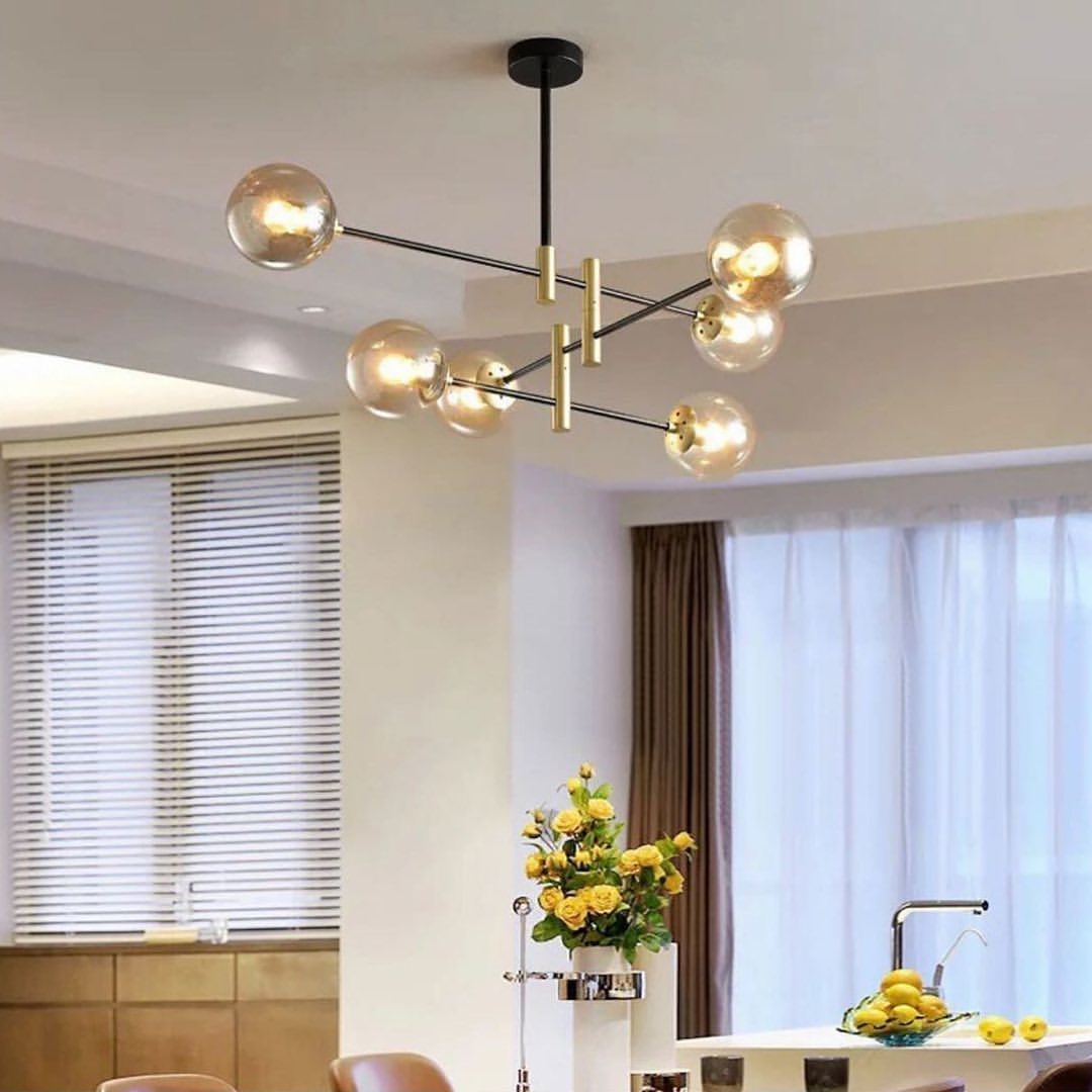 Modern Glass Globe Chandelier with Black and Gold Finish for Living Room