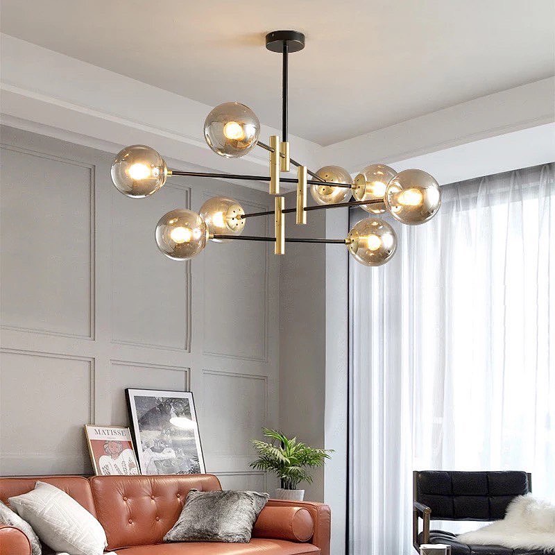 Modern Glass Globe Chandelier with Black and Gold Finish for Living Room