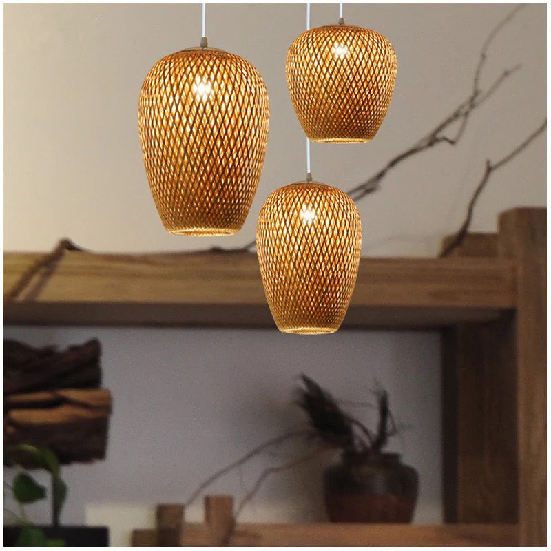 Rustic Bamboo Mesh Pendant Light Cluster for Living Room or Dining Area