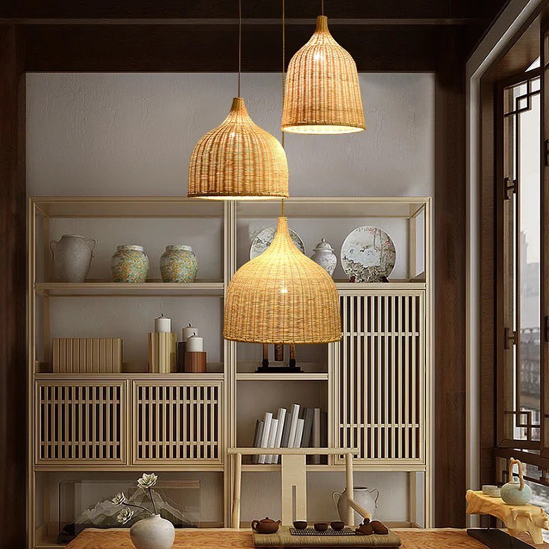 Rustic Rattan Pendant Light Cluster - Natural Handwoven Design