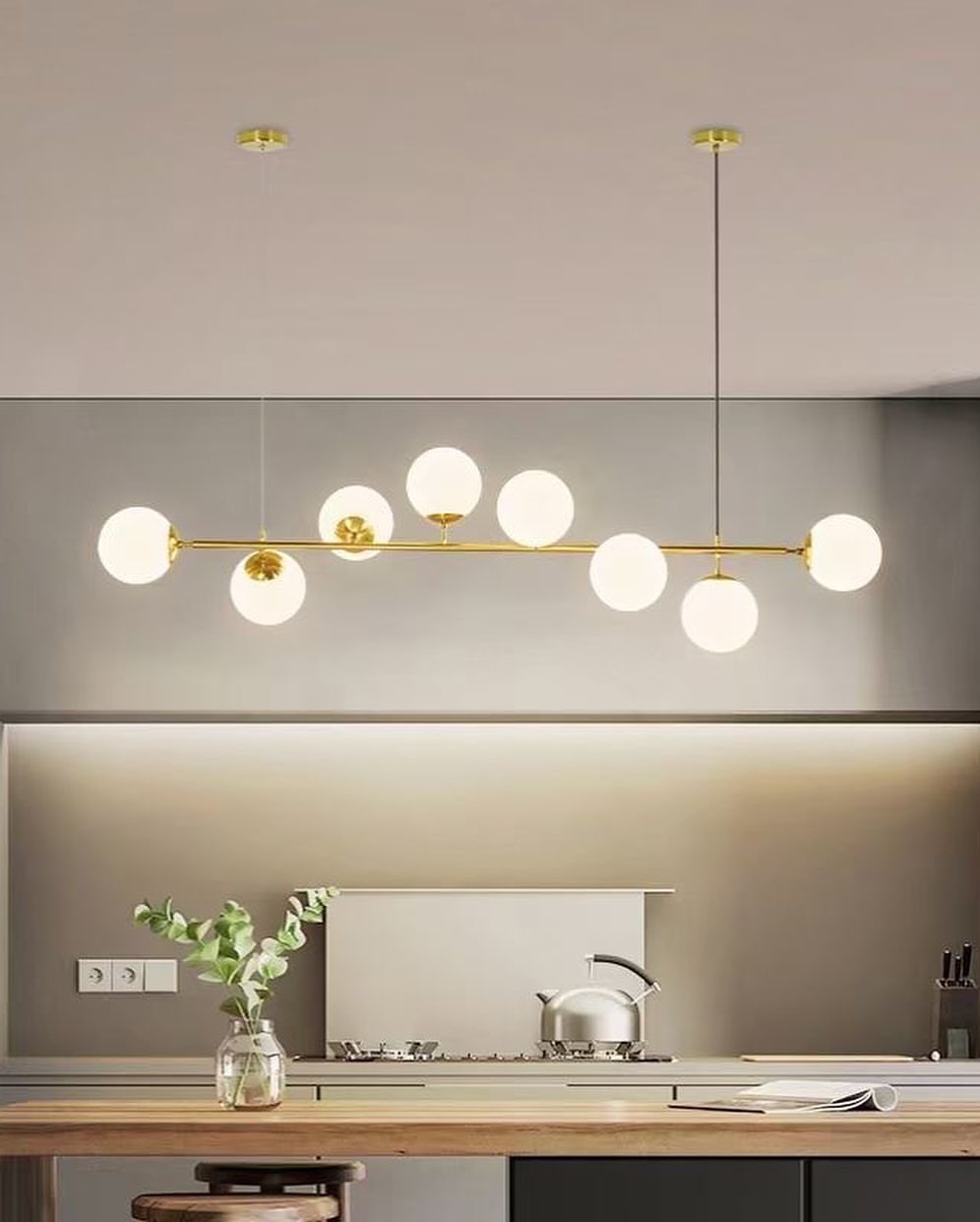 Modern Linear Globe Chandelier - Brass Finish for Dining Room