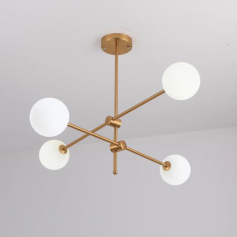 Modern Brass Globe Chandelier with White Glass Shades