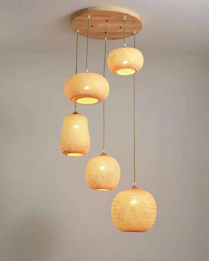 Rustic Bamboo Pendant Light set of 5 different shapes