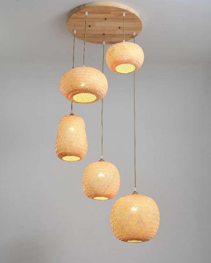 Rustic Bamboo Pendant Light set of 5 different shapes